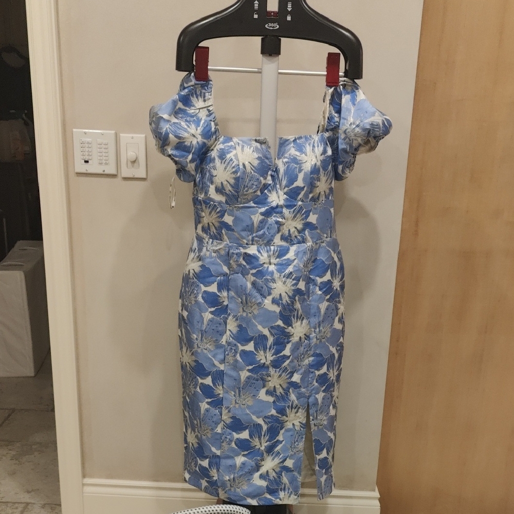 Chi Chi London Blue and White Sweetheart Puff Sleeve Dress